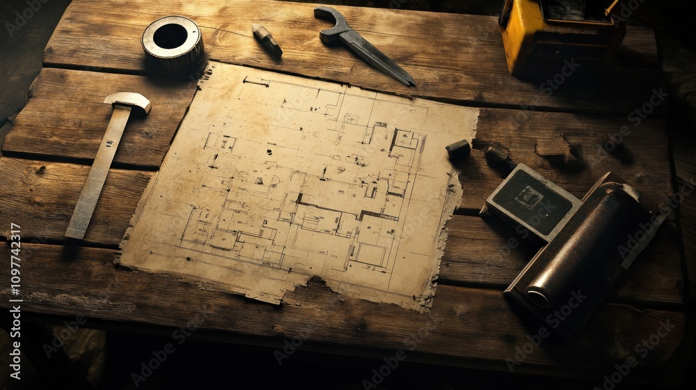 Poster aged blueprint and tools rest on wooden tabletop