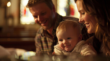 Fototapeta premium Joyful baby baptism ceremony with parents in church. Holy water and family celebration.