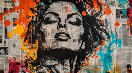 Fototapeta premium Urban Street Art Collage: Graffiti, Newspapers, and Colorful Painting of Iconic Woman Empowering Feminist Revolution and Rights.