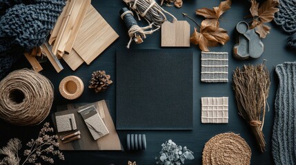 Flatlay showcasing a mood board with earthy tones and textures.  Various natural materials, fabrics, and design elements are arranged on a dark background.