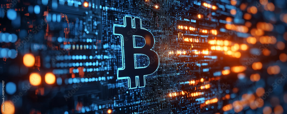 Sticker bitcoin symbol on digital background with glowing lights and circuits, representing cryptocurrency t