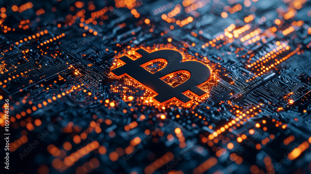Sticker digital representation of cryptocurrency with glowing bitcoin symbol on circuit board background, sh