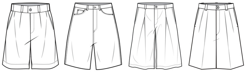 mens wide leg baggy bermuda shorts fashion flat sketch vector illustration technical cad drawing template