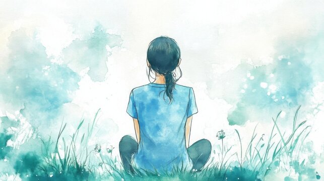 Tranquil watercolor illustration for mindfulness and self-care, featuring calming meditation art in soothing colors.