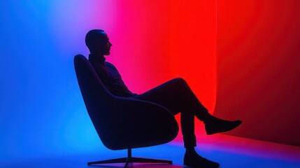 Silhouetted Man Relaxing in Modern Chair Red Blue Studio Lighting Abstract Background