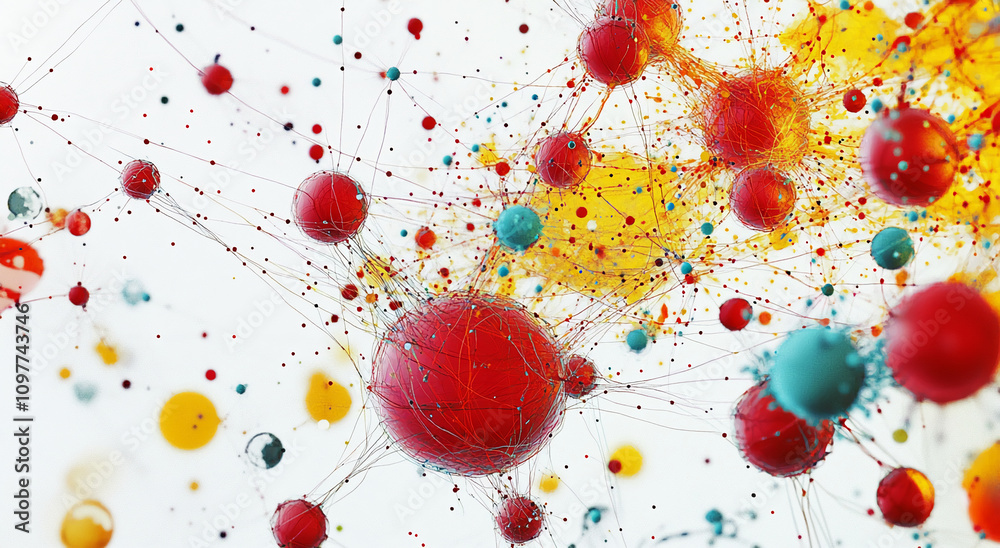 Poster colorful abstract representation of molecular structures against a white background showcasing inter