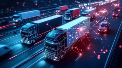 Fototapeta premium Futuristic Smart Fleet Management System with Connected Trucks Digital Network Illustration