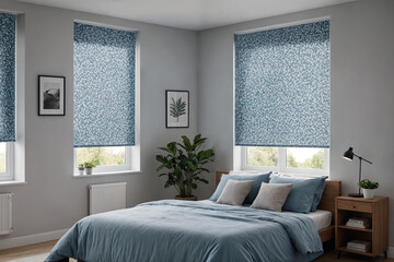 Fototapeta premium Blue blackout roller blind with pattern prints on windows in stylish modern living room. Shutters on the plastic window.
