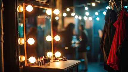 Illuminated mirror on a table with makeup in a backstage dressing room with a blurred background and soft atmospheric lighting
