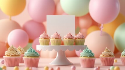 Pastel Cupcakes Balloons Cake Stand Party Sweet Treats Festive Birthday Celebration Dessert Mockup