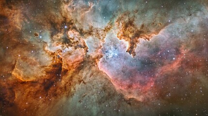 Fototapeta premium A highly detailed nebula, captured by a futuristic space telescope, with swirling clouds of gas and vivid colors, stars forming, and the structure of the galaxy visible in the background. 