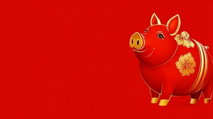 golden pig, solid red background, copy space
