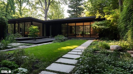 5. A minimalist house with clean lines and a spacious outdoor area with greenery and stone pathways