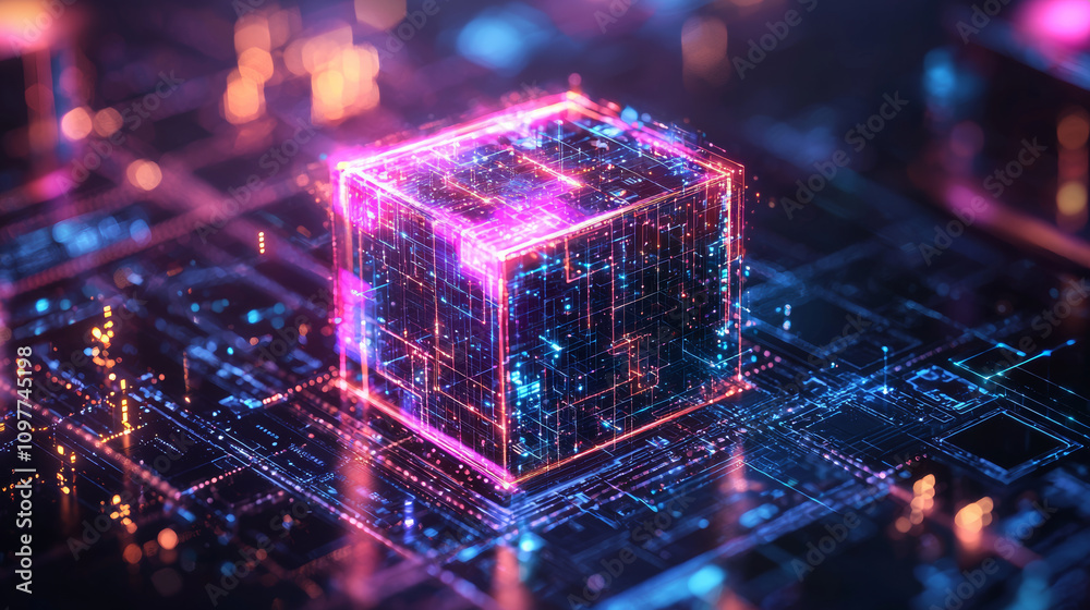 Wall mural neon lit digital assets showcase vibrant blockchain cube, symbolizing innovation and technology in f