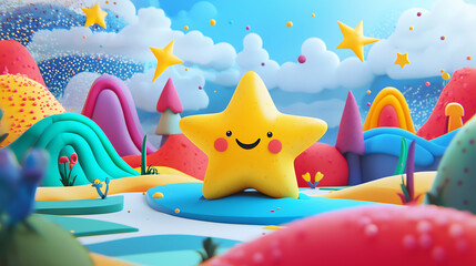 Cheerful yellow star in a colorful fantasy landscape