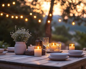 Cozy outdoor dining setting at sunset.