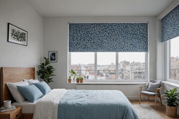 Blue blackout roller blind with pattern prints on windows in stylish modern living room. Shutters on the plastic window.