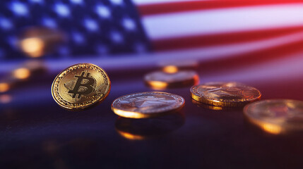 Bitcoin cryptocurrency coins on the US flag