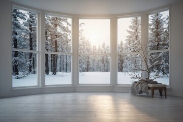 Mock up of empty room in white color with winter landscape in window. Scandinavian interior design