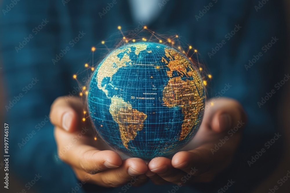 Poster man holding blue globe representing global network connections and digital communication in hands wi