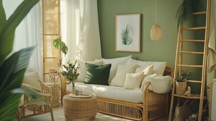 A relaxing living room with a light and airy feel, featuring a white couch with rattan accents, green accents and soft natural light.
