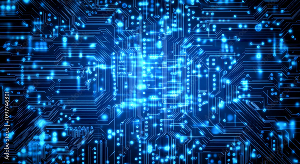Poster intricate blue circuit board design showcasing advanced technology and detailed electronic component
