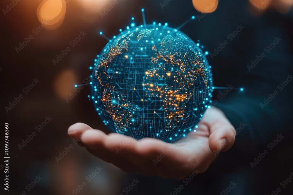 Poster man holding blue globe representing global network and connection in a digital age with data points 