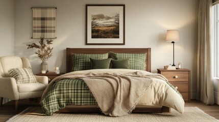 Fototapeta premium Cozy bedroom with a wooden bed, green and beige plaid bedding, and a neutral color scheme. The room is decorated in a rustic style with natural elements.