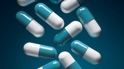 A collection of blue and white capsules scattered against a dark blue background, creating a dynamic and modern look.