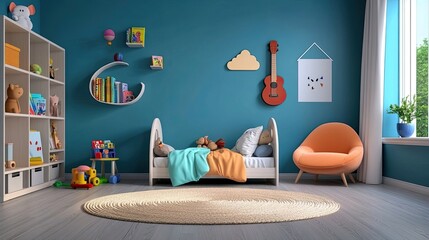 A child's bedroom with teal walls, featuring a bed, colorful toys, books, and a guitar. The room is bright and playful, perfect for a young child.