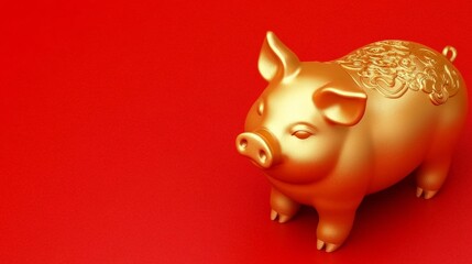 golden pig, solid red background, copy space