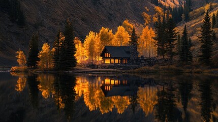 Autumnal Cabin Beside Golden Aspens Reflecting in Still Water