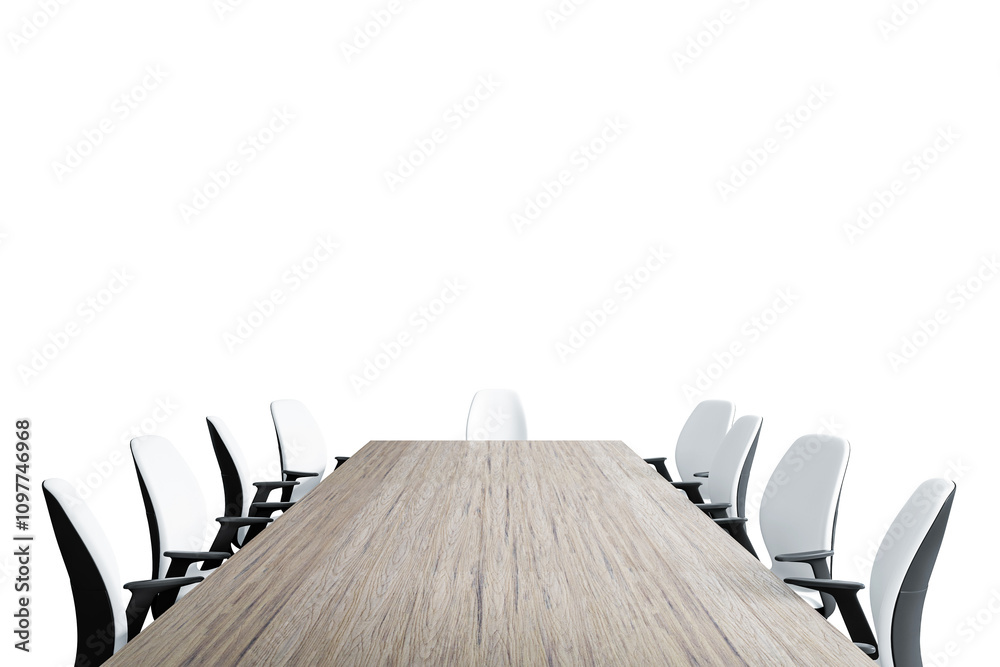 Poster wooden table surrounded by modern white chairs, isolated on a white background, representing a clean