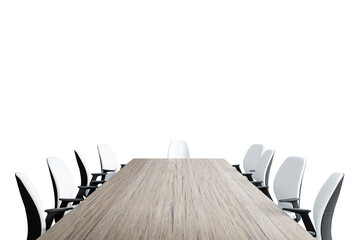 Wooden table surrounded by modern white chairs, isolated on a white background, representing a...
