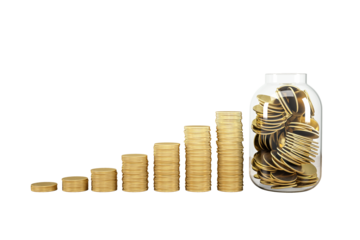 Stacks of golden coins gradually increasing in height placed next to a transparent jar filled with coins, isolated on white, concept of savings. 3D Rendering.