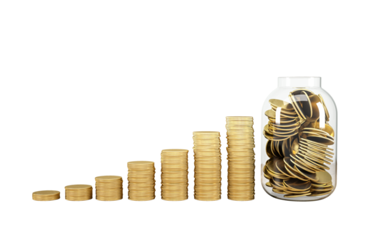 Stacks of golden coins gradually increasing in height placed next to a transparent jar filled with coins, isolated on white, concept of savings. 3D Rendering.