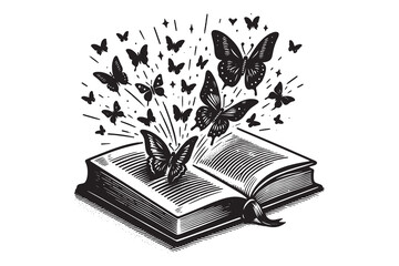 Black and white illustration of an open book with butterflies flying out, symbolizing imagination, creativity, and the transformative power of stories.