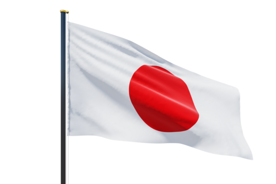 Japanese flag waving on a pole, white background, crisp details, isolated, symbol of Japan, clean and professional design concept. 3D Rendering.