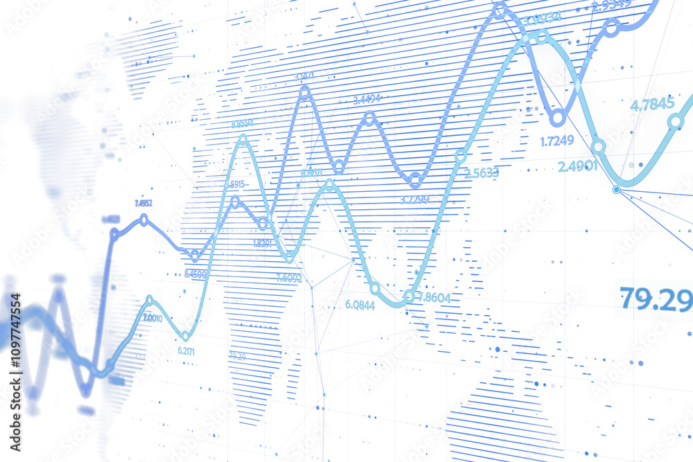 Aufkleber Abstract financial graph with blue lines, data points, and a subtle world map overlay on a white background, concept of global analytics. 3D Rendering.