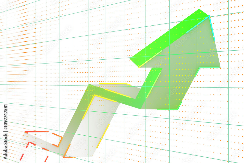 Poster green upward arrow over a grid with dotted lines, representing growth and progress, with a transpare
