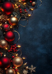 New Year background with red and gold decorations, snowflakes an