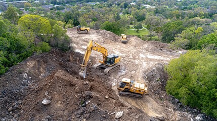Aerial View  Heavy Machinery Excavating Earth at Construction Site