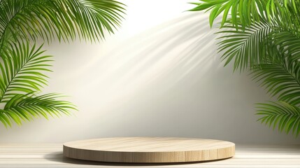 Fototapeta premium Realistic 3D Round Podium Surrounded by Lush Greenery Against a Soft Wood Background for Displays and Presentations
