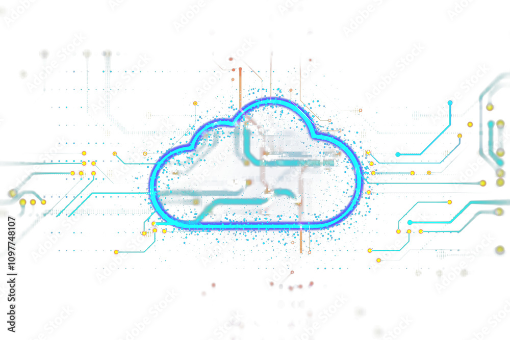 Poster cloud shape in bright neon blue with connected circuits, hologram style, on white background. concep