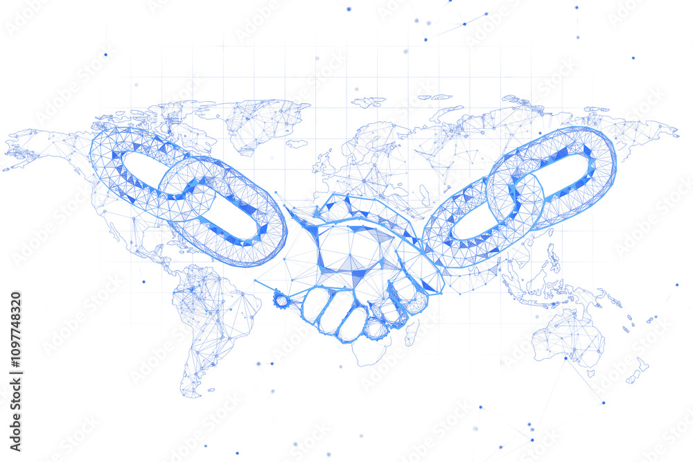 Aufkleber digital handshake with blockchain links, light blue outline, on white background, symbolizing virtua