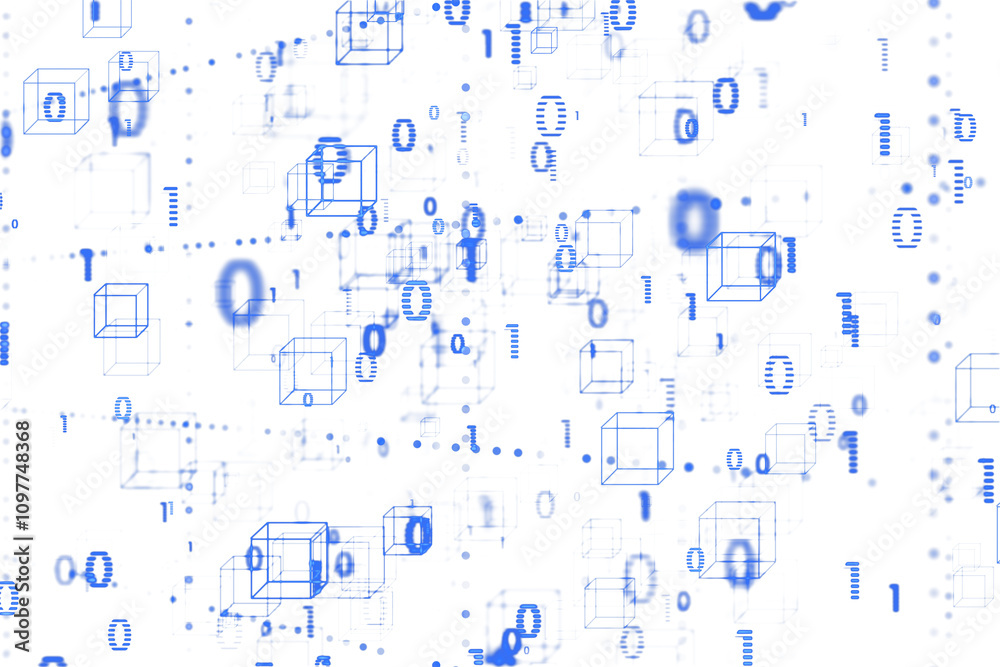 Aufkleber Digital cubes and binary numbers in blue color scattered on a clean white background, showcasing a virtual cyberspace technology concept. 3D Rendering.