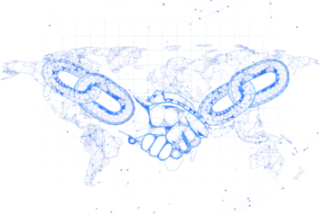 Digital handshake with blockchain links, light blue outline, on white background, symbolizing virtual connection and global technology. 3D Rendering.