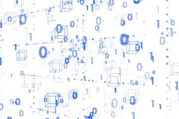 Digital cubes and binary numbers in blue color scattered on a clean white background, showcasing a virtual cyberspace technology concept. 3D Rendering.