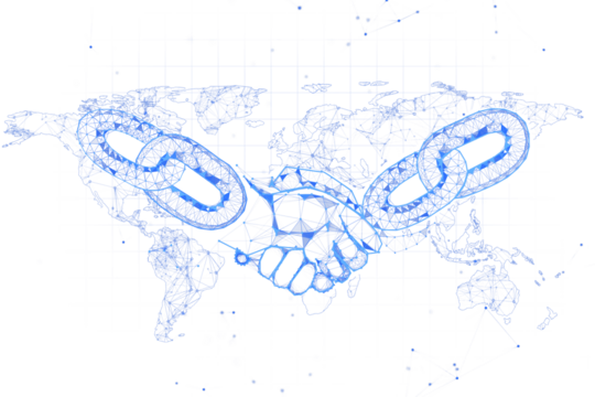 Digital handshake with blockchain links, light blue outline, on white background, symbolizing virtual connection and global technology. 3D Rendering.