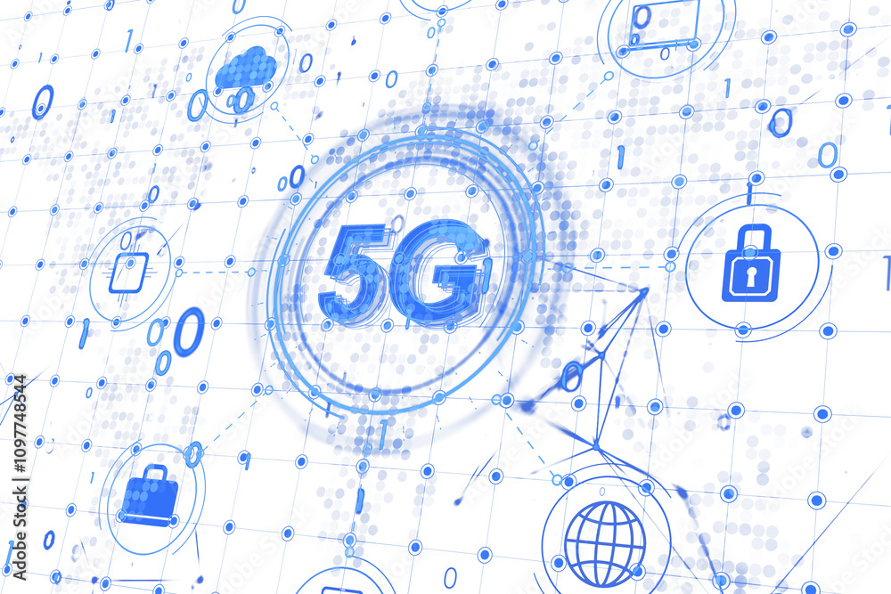 Poster Abstract 5G network concept with holographic icons, digital connections, and binary codes on a white background, symbolizing advanced technology. 3D Rendering.